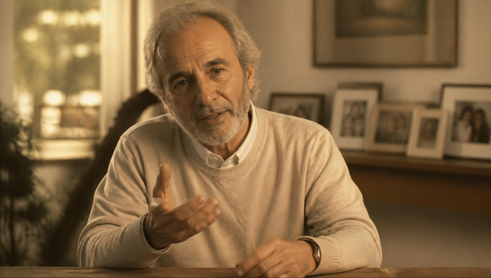 A grandfather recording a video message for his family at a sunlit table