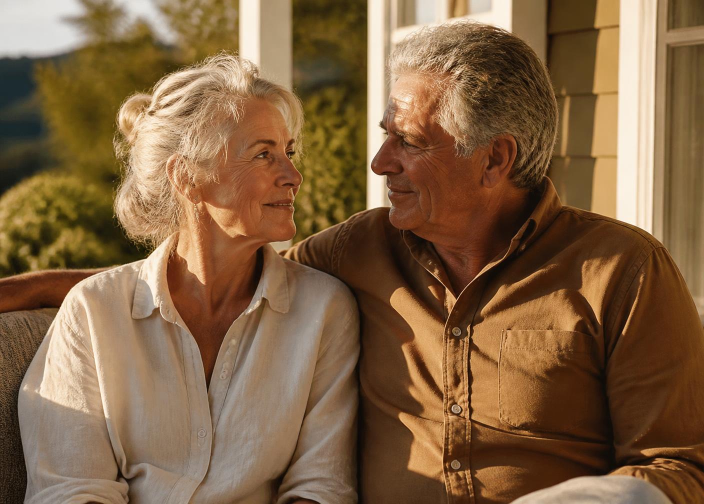 An older couple sitting together on a porch at golden hour